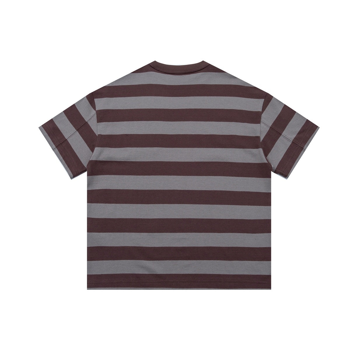 Back view of a short-sleeve T-shirt with wide burgundy and gray horizontal stripes.