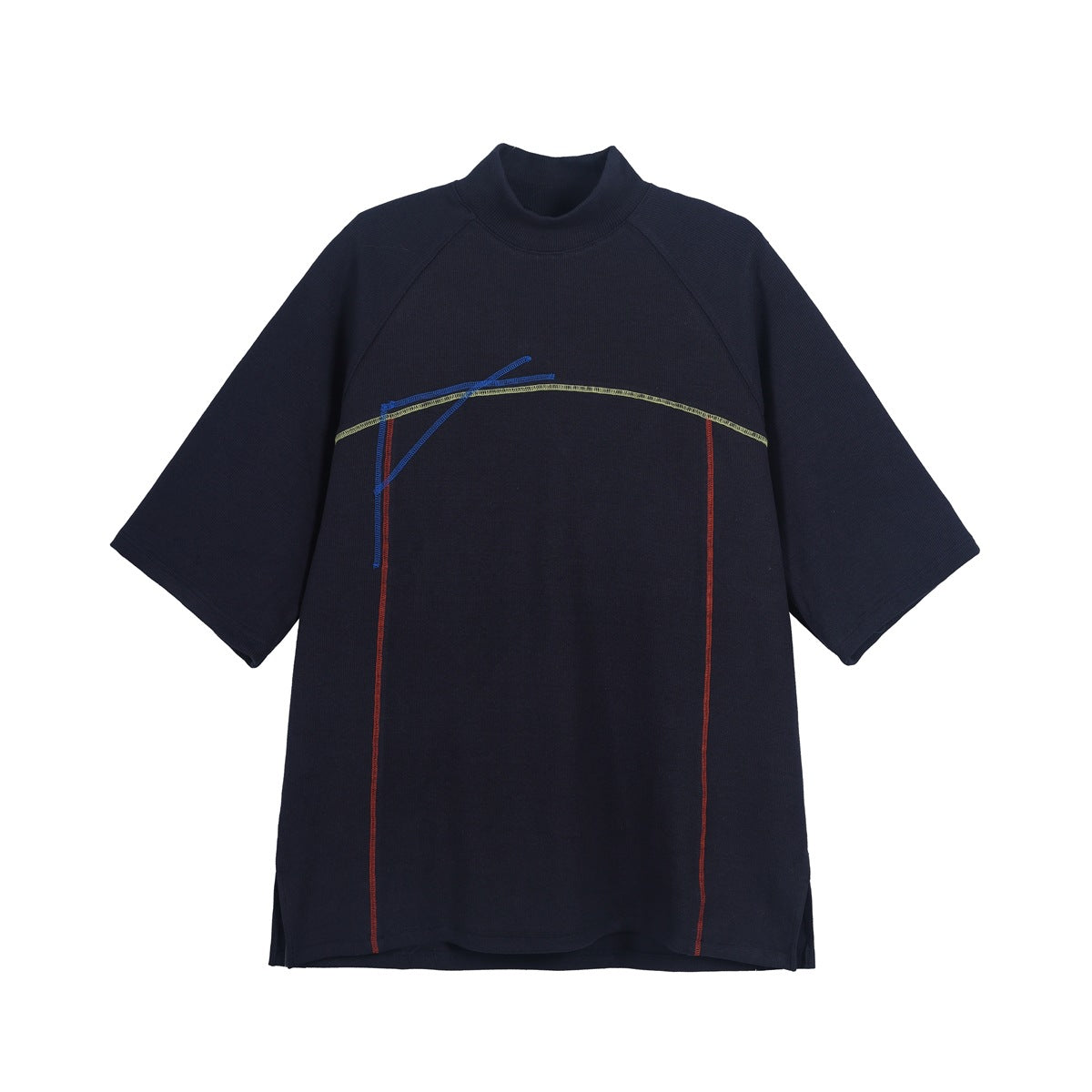 Navy mock-neck short-sleeve top with blue, yellow-green and red contrast stitching, flat front view