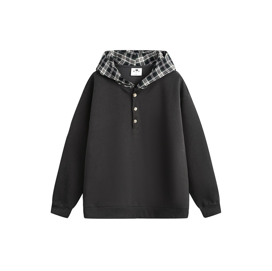 Dark gray pullover hoodie with plaid hood and three-button henley placket, flat lay front view