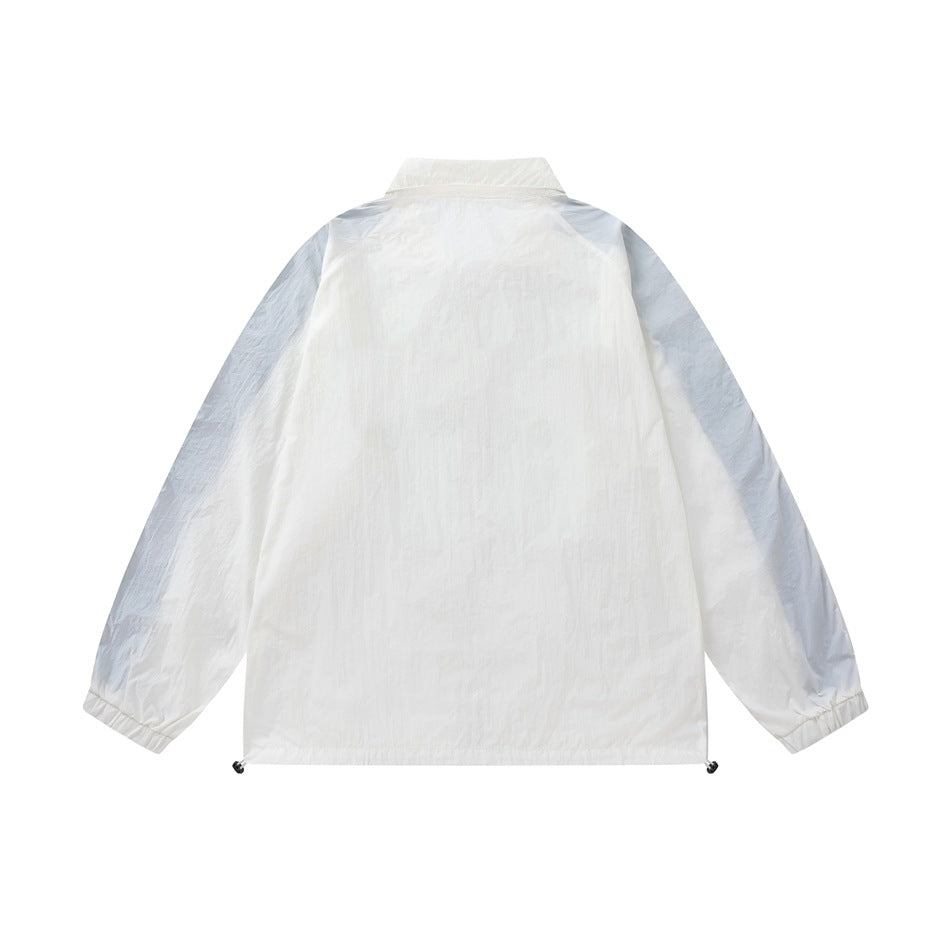 Back view of a white zip jacket with long sleeves, a high collar, and an adjustable hem.