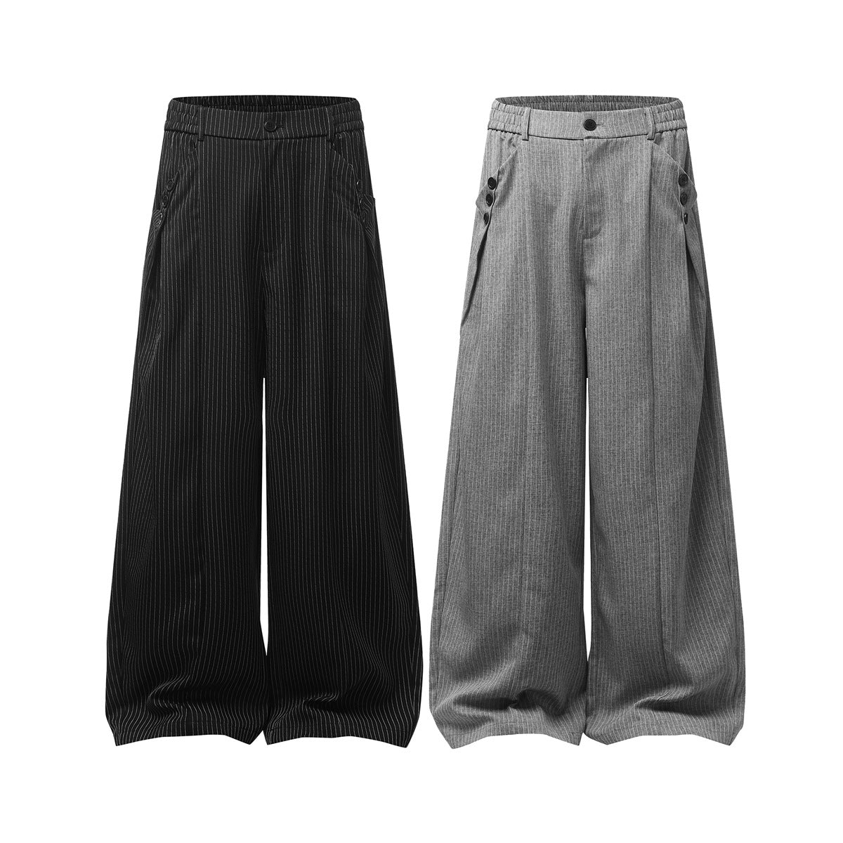Front views of wide-leg pinstripe trousers in black and gray, with elastic waistbands and buttoned side tabs.