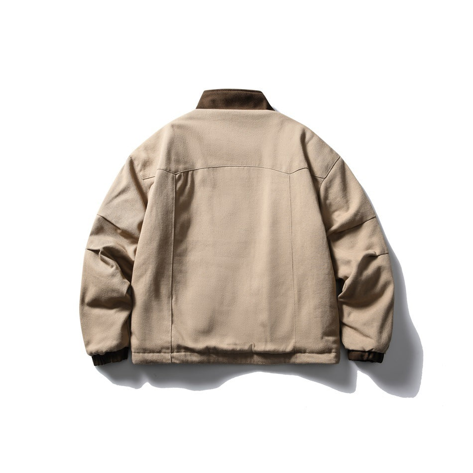 Back view of a tan jacket with a dark brown collar and cuffs against a white background.