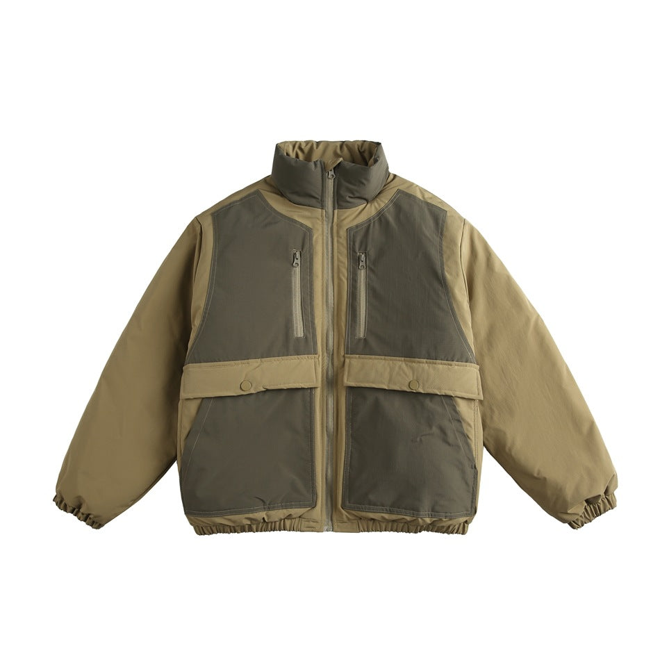 Olive green and tan colorblock stand-collar zip jacket, flat lay front view