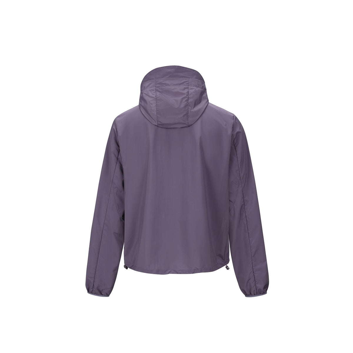 Back view of a dark purple hooded jacket with long sleeves and an adjustable hem.