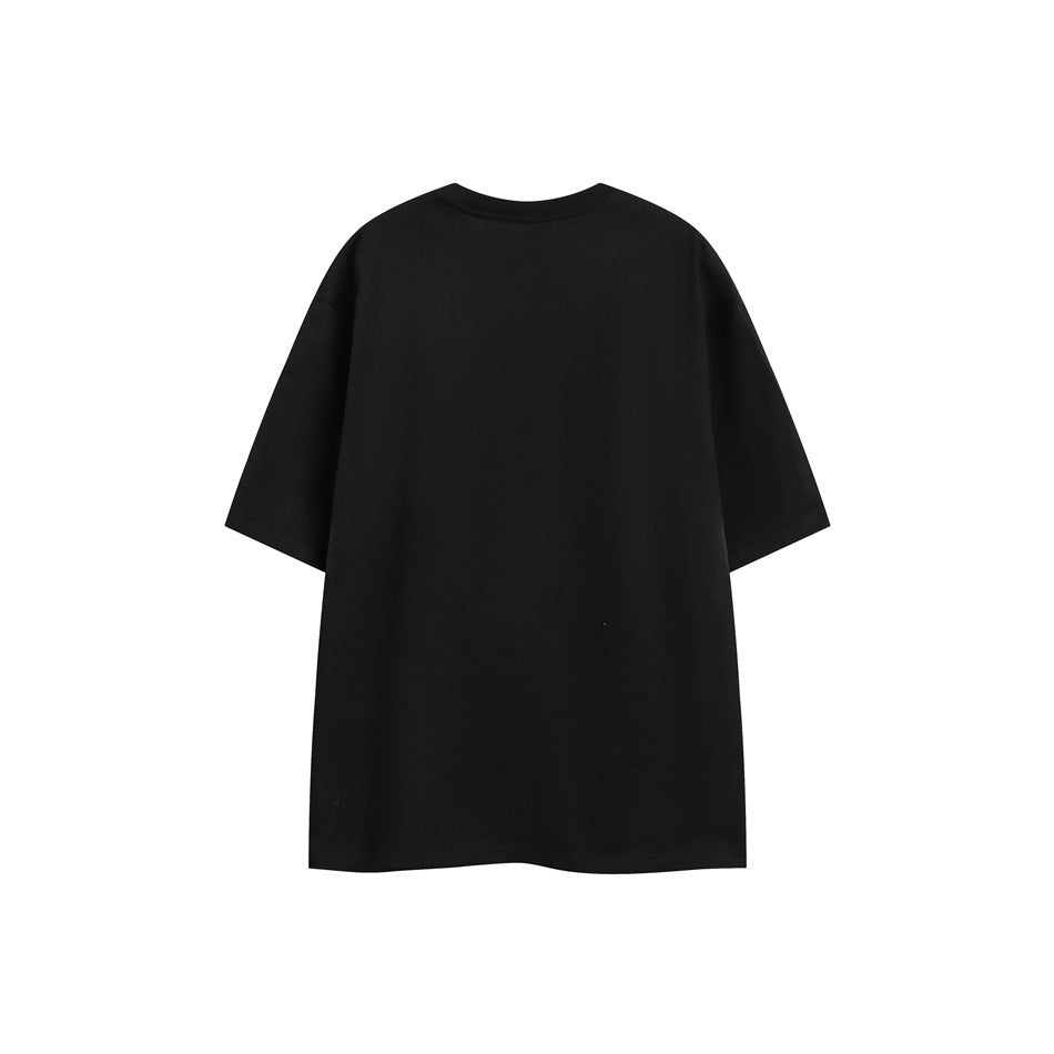 Back view of a plain black oversized short-sleeve T-shirt displayed flat against a white background.