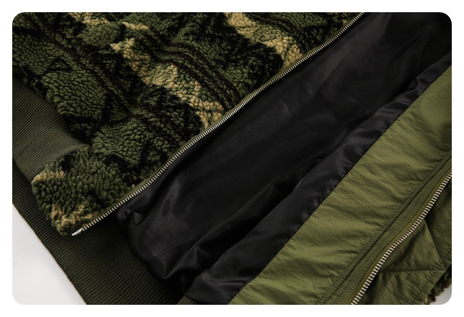 Close-up of an olive jacket opened to show its black lining, zipper, and green, tan, and black fleece interior.