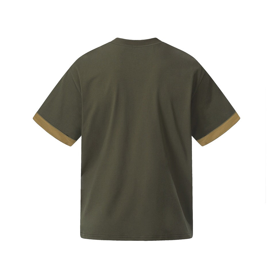 Back view of an olive-green short-sleeve T-shirt with contrasting tan sleeve cuffs.
