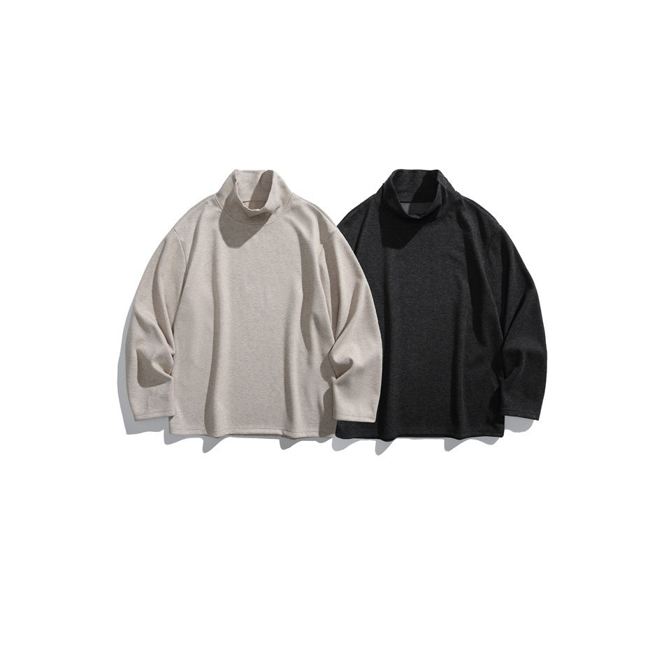 Two long-sleeve high-neck tops shown flat: one light beige heather and one charcoal gray.