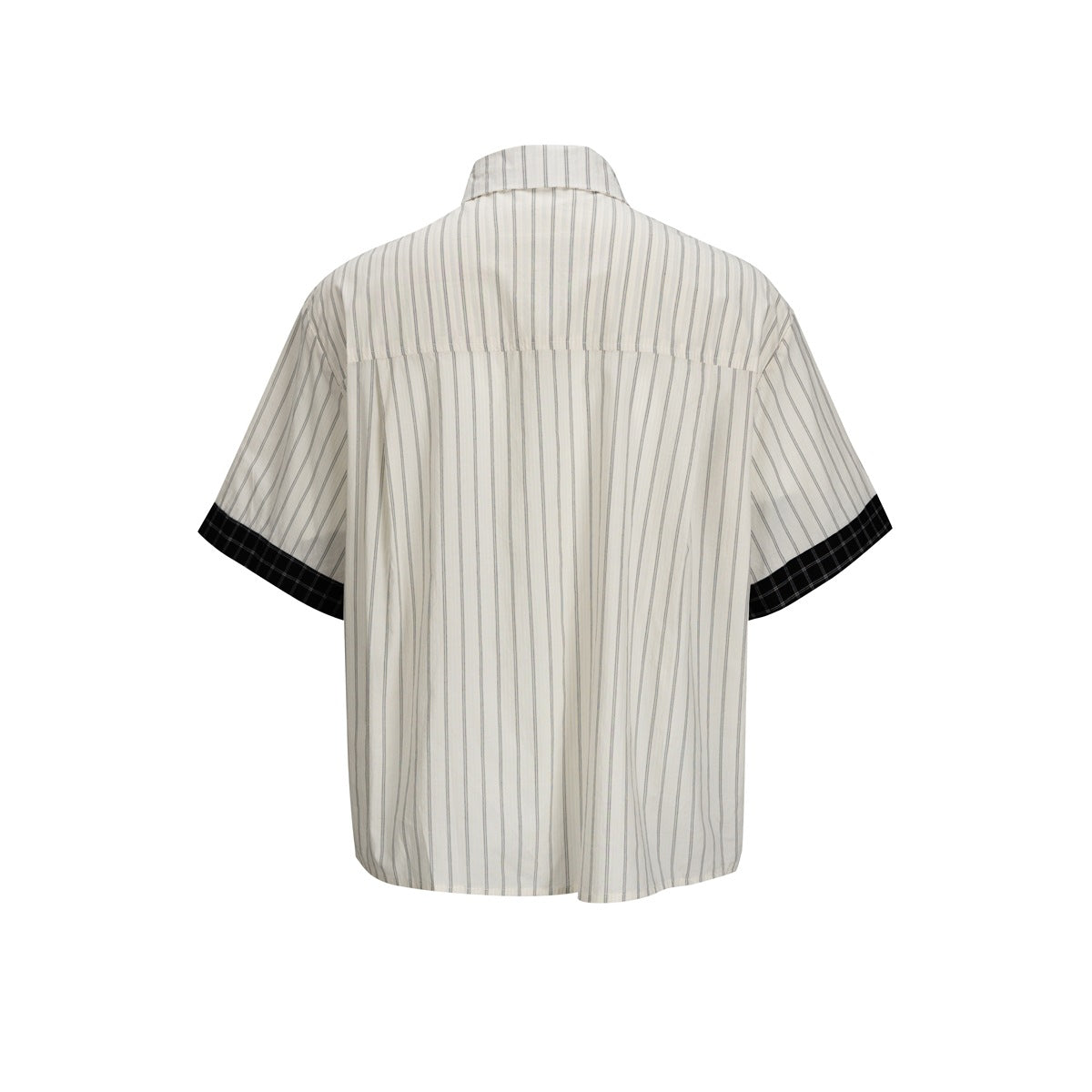 Back view of a cream short-sleeve shirt with fine gray stripes and black plaid sleeve cuffs.