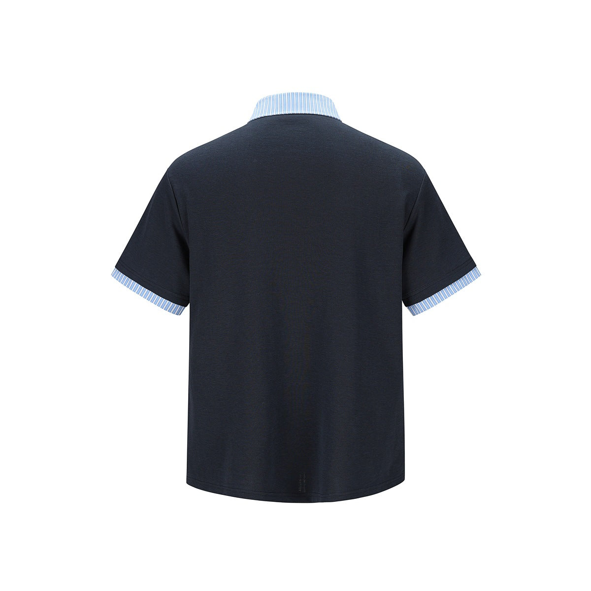 Navy blue short-sleeve polo top back view with blue striped collar edge and striped sleeve cuffs