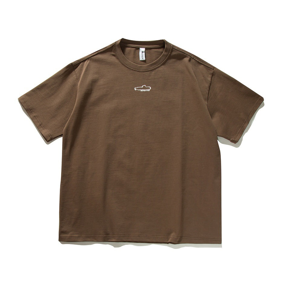 Brown short-sleeve crew-neck T-shirt with a small white submarine outline print at the center chest, flat lay front view