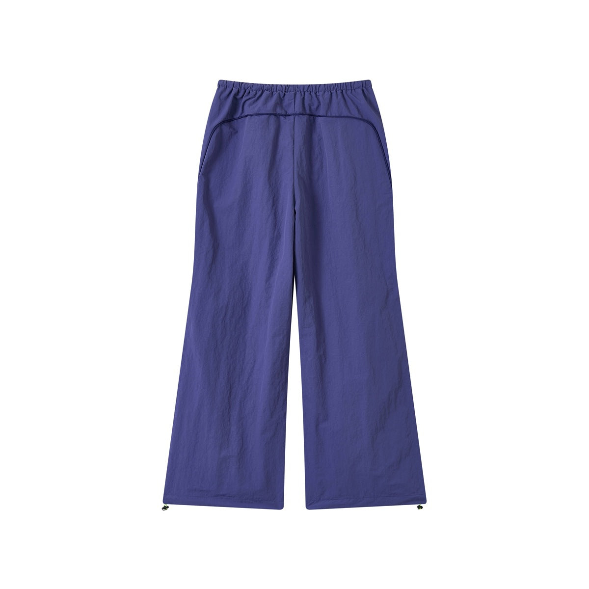 Purple wide-leg pants back view with elastic waistband, curved piping seam and hem toggles, flat lay