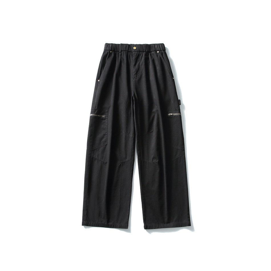 Black wide-leg cargo pants flat lay with elastic waist, button and zippered thigh pockets