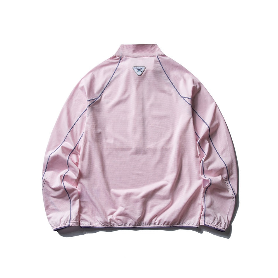 Back view of a pink long-sleeve pullover with a stand collar and dark contrasting seam piping.