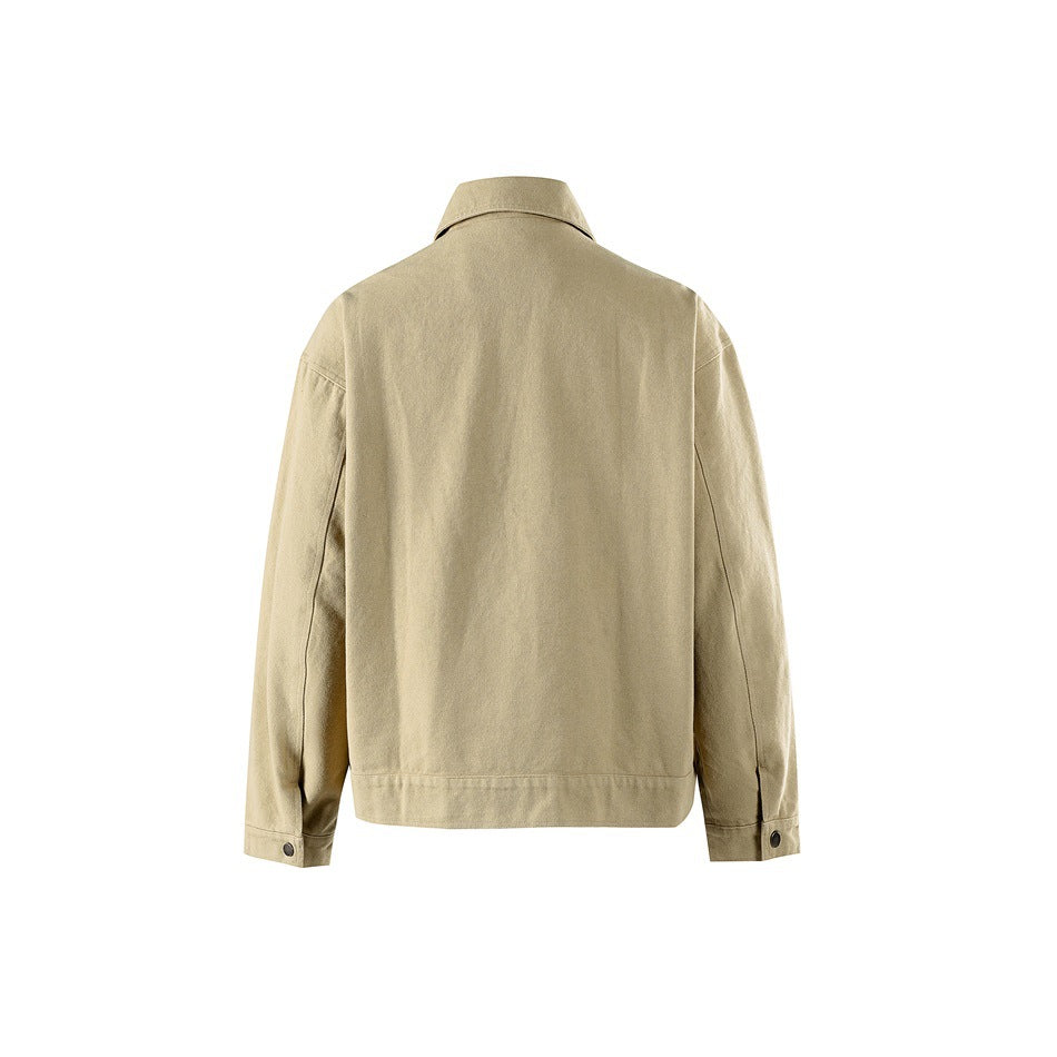 Back view of a sand-colored collared jacket with long sleeves and snap cuffs.