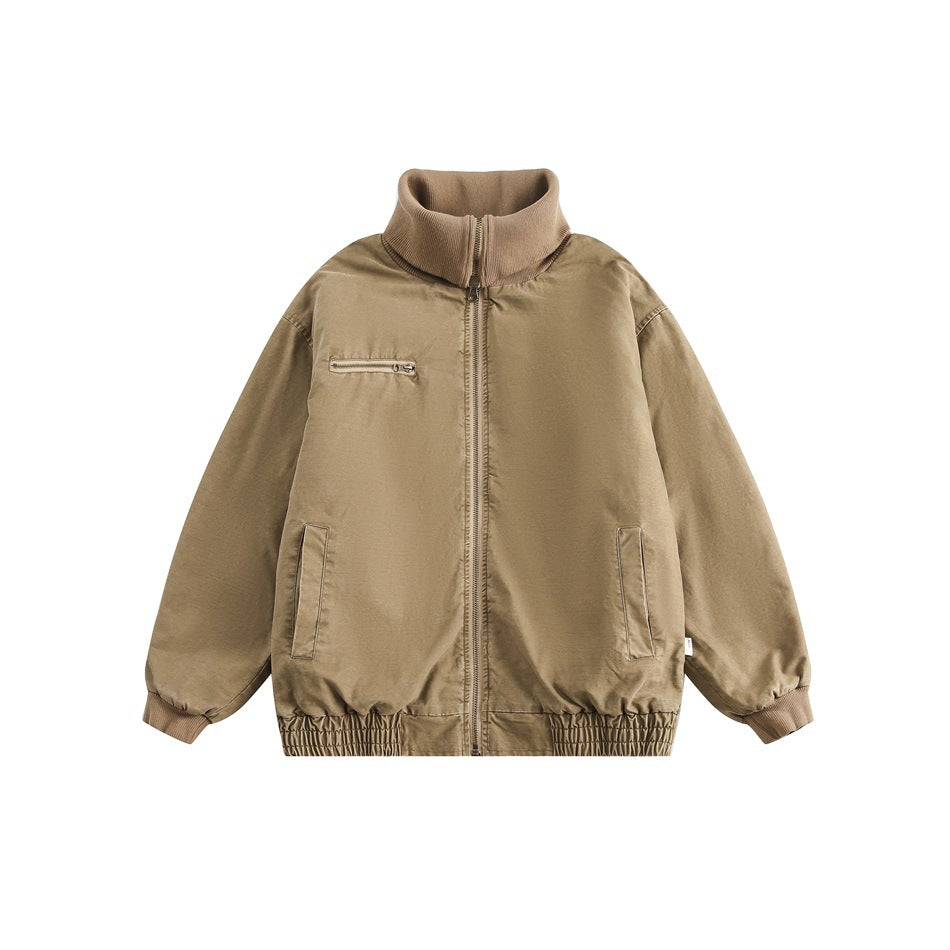 Tan zip-front jacket with matching ribbed stand collar and cuffs, chest zip pocket and elastic hem