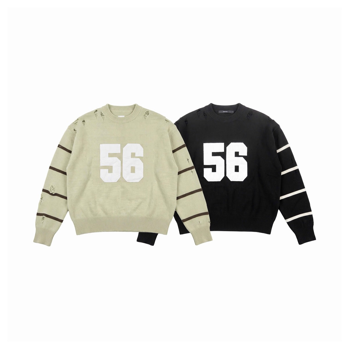 Front views of distressed crew-neck sweaters in pale beige and black, each with a large white 56 and striped sleeves.