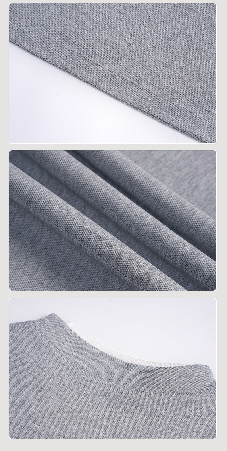 Close-ups of gray textured fabric, including folded material and the garment neckline layered over a white shirt.
