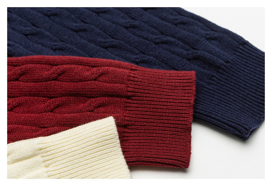 Close-up of sweater sleeves and ribbed cuffs in navy, burgundy, and cream.