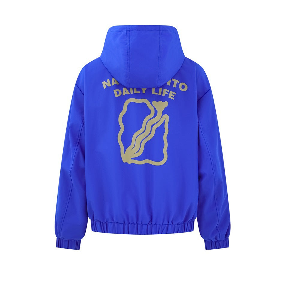 Back view of a bright blue hooded jacket with large gold-colored graphic and text across the back.