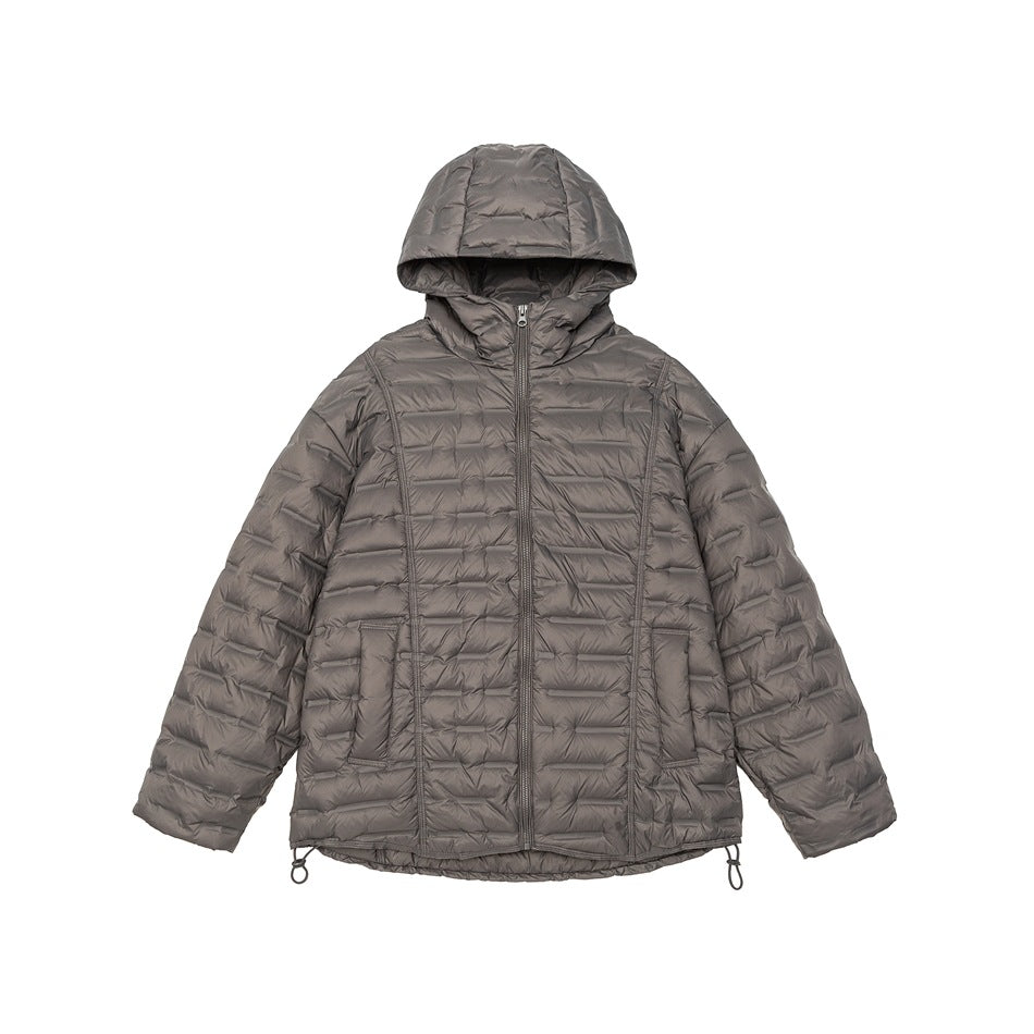 Gray hooded quilted puffer jacket with front zipper, pockets and hem drawcords, flat view