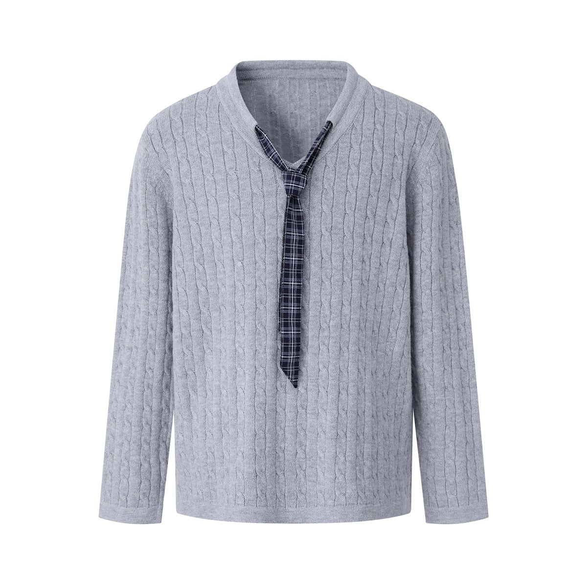 Gray cable-knit V-neck sweater with long sleeves and a navy plaid tie at the neckline, flat front view