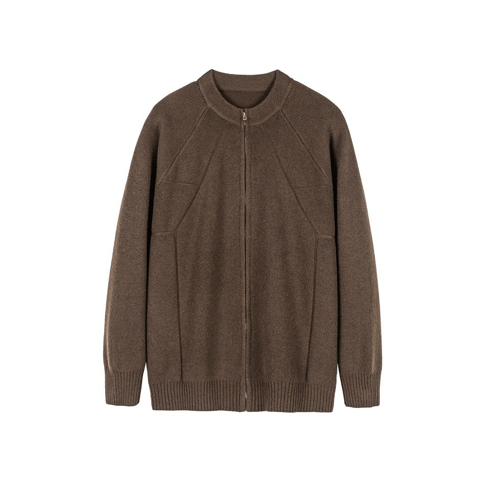 Coffee brown knit zip-front cardigan sweater with ribbed round neck, raglan sleeves and ribbed cuffs, flat front view