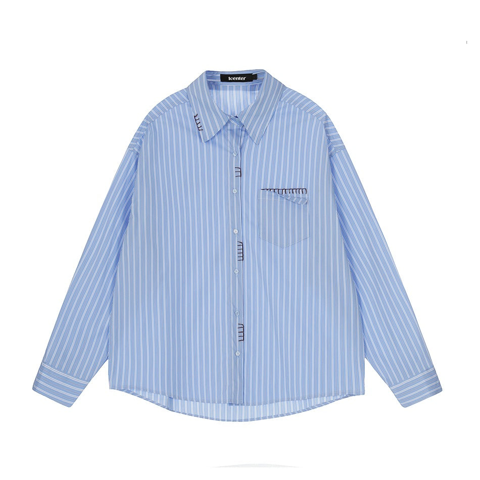 Blue striped long-sleeve button-up shirt, front flat lay, with chest pocket and dark stitch details