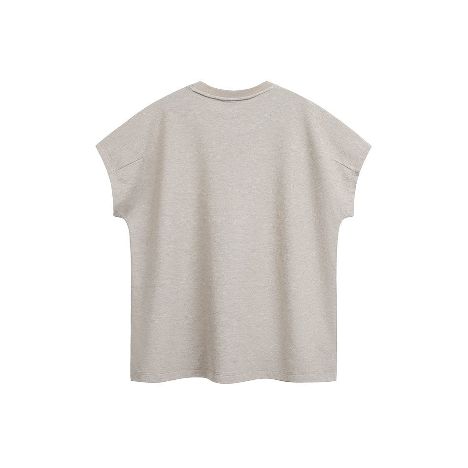 Back view of a plain beige loose-fit short-sleeve crew-neck shirt.