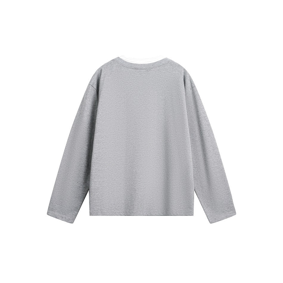 Back view of a heather gray long-sleeve top laid flat on a white background.