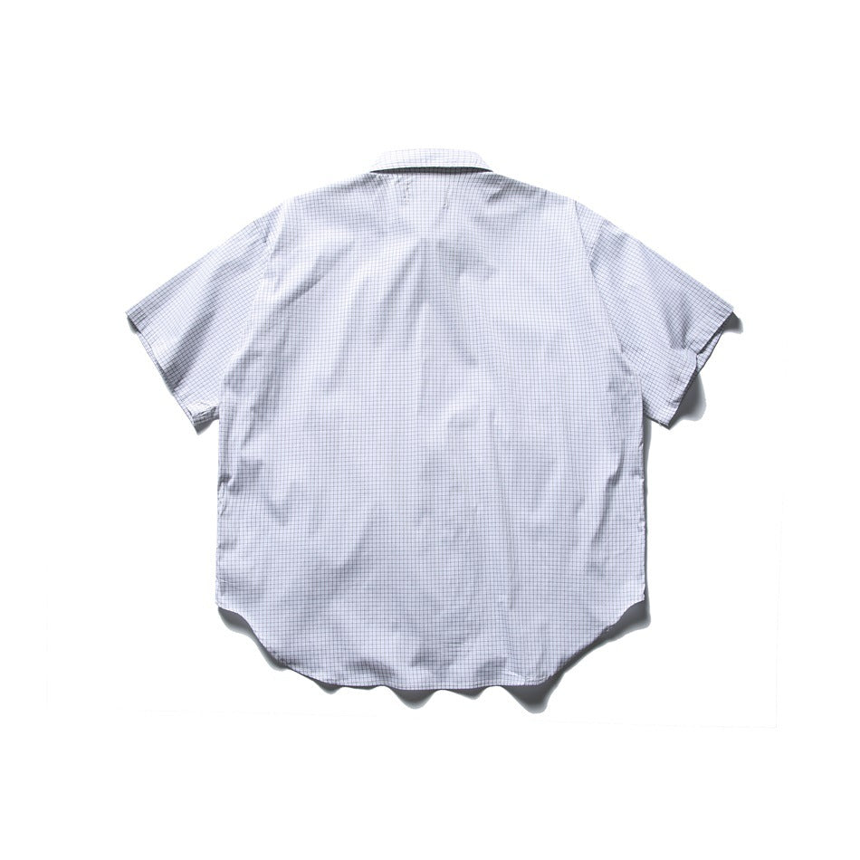Back view of white grid-check short-sleeve shirt with curved hem, flat lay