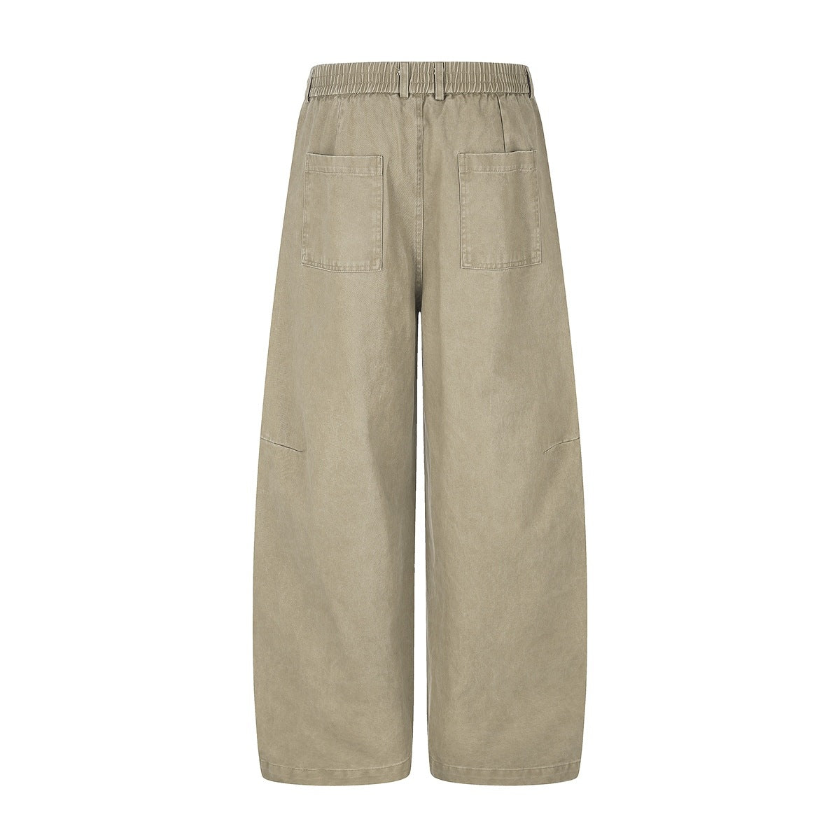 Rear view of beige wide-leg pants with an elasticated waistband and two back patch pockets.