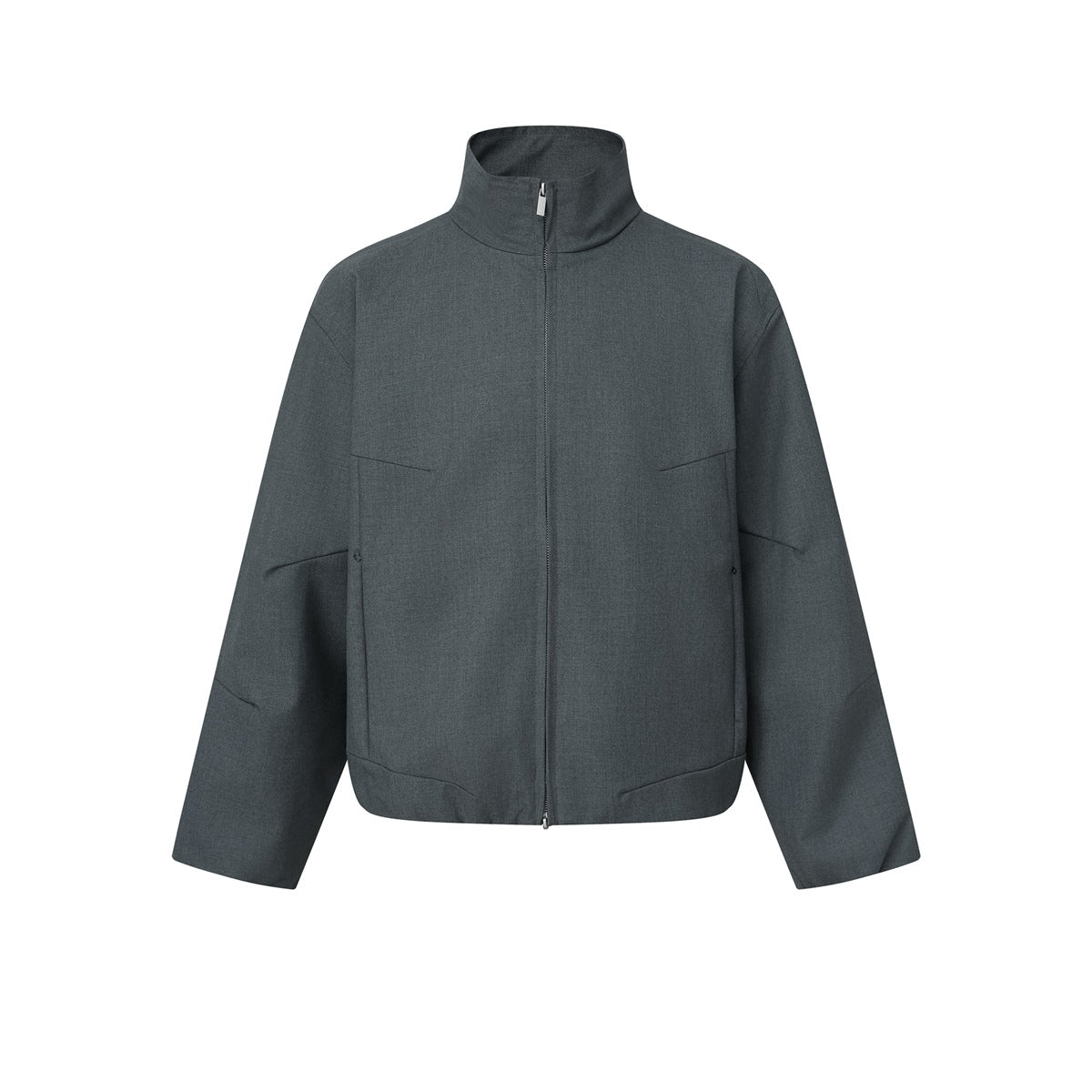 Gray stand-collar zip-front jacket flat lay with angled side pockets and paneled seams
