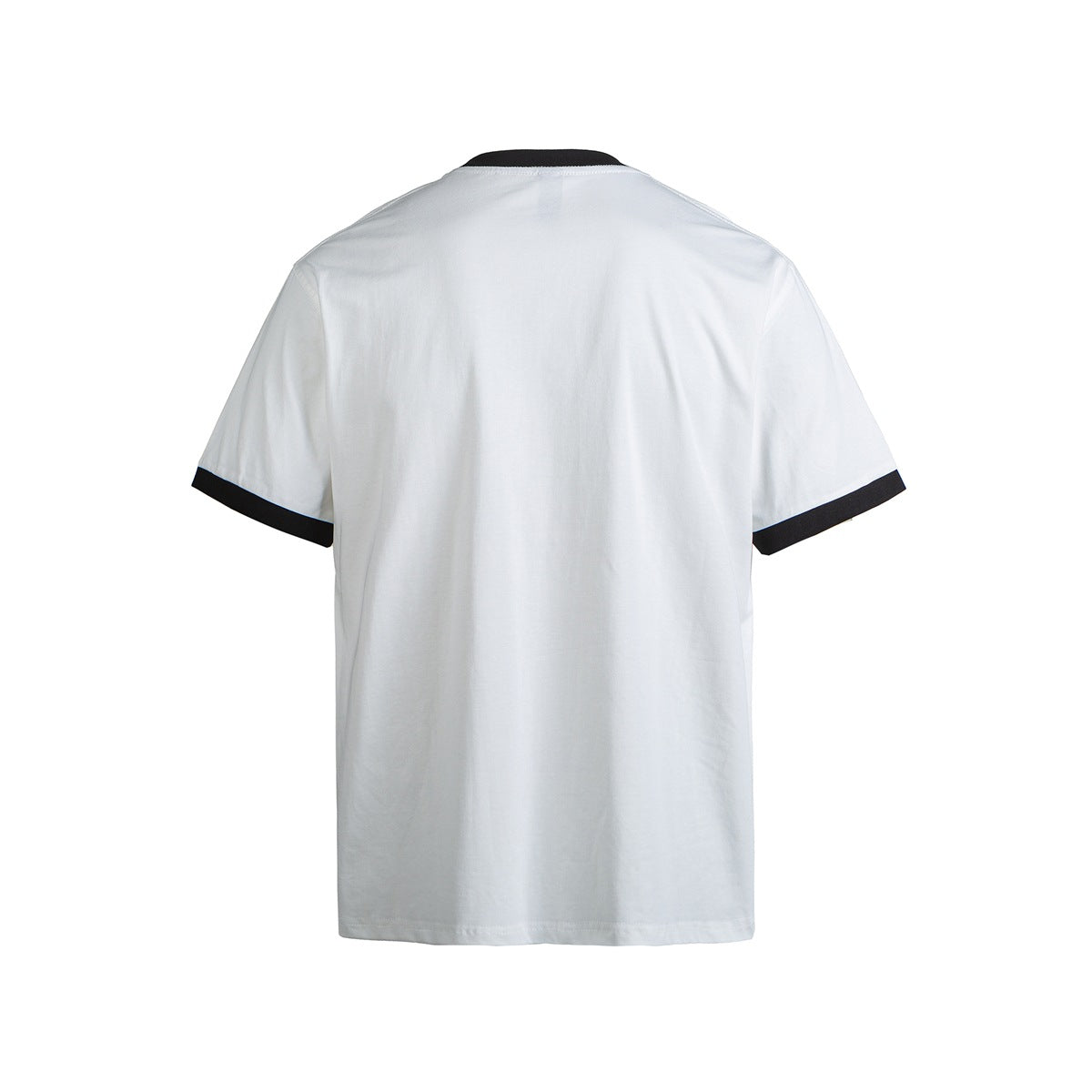 Back view of white crew-neck T-shirt with black collar trim and black sleeve cuffs, plain back