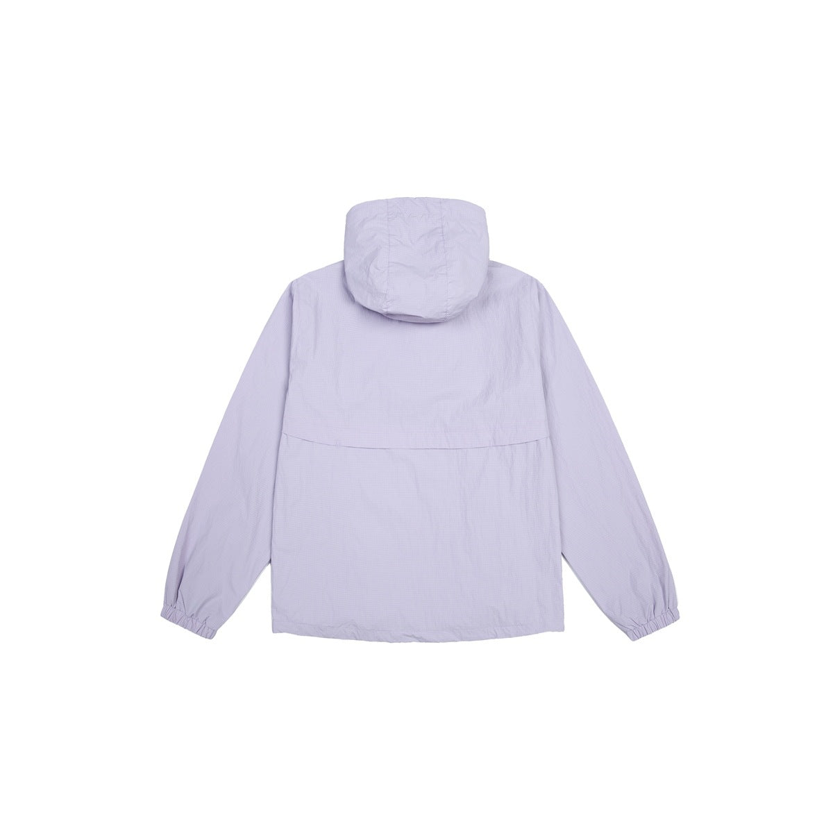 Back view of a pale lavender hooded jacket with long sleeves and elastic cuffs on white.