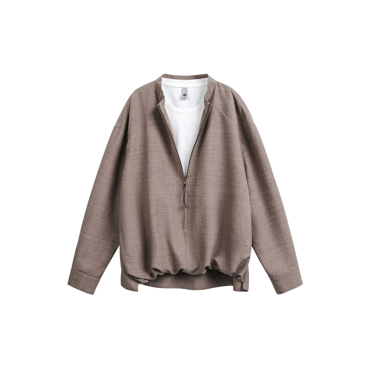 Milky coffee brown zip-front stand-collar jacket with white tee layer underneath, flat lay on white background