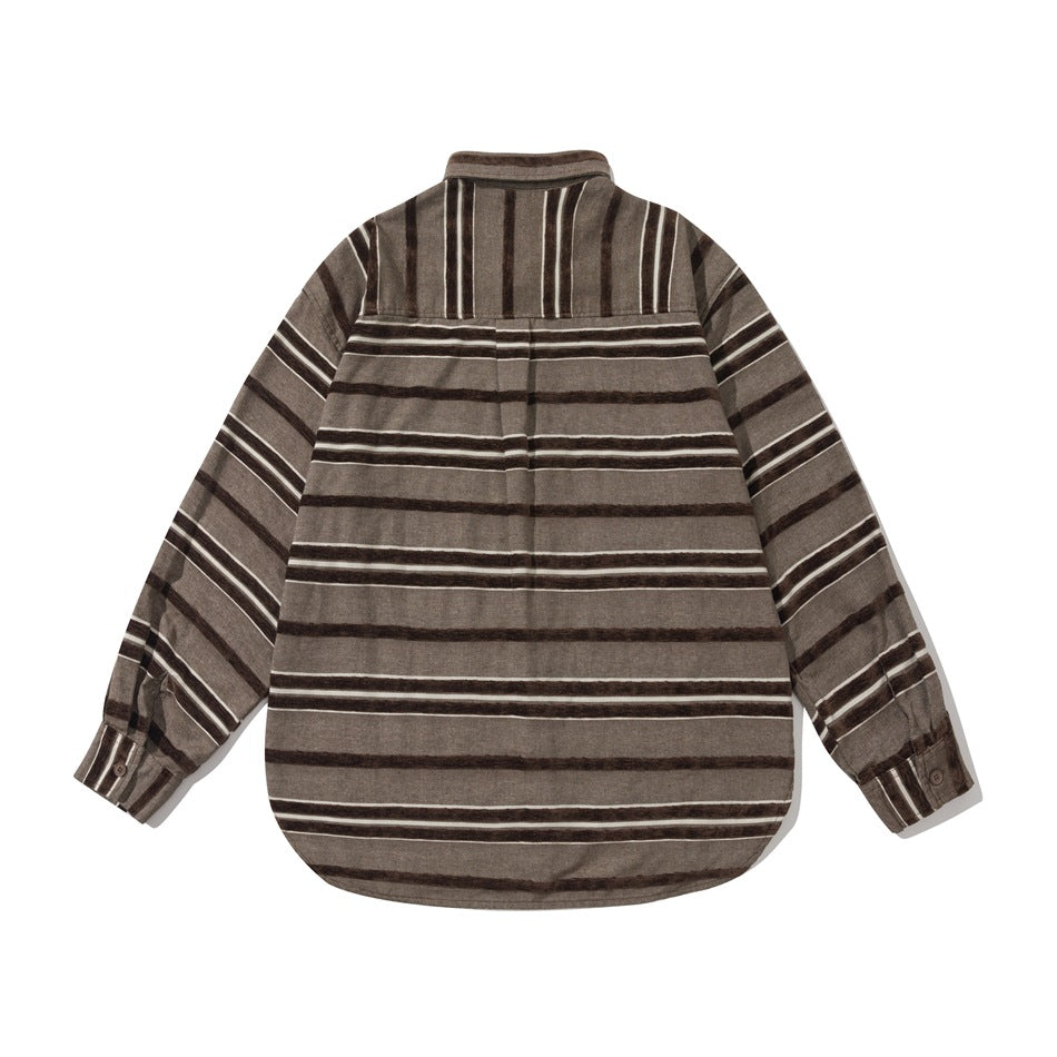 Back view of a brown striped long-sleeve button-up shirt with a curved hem.