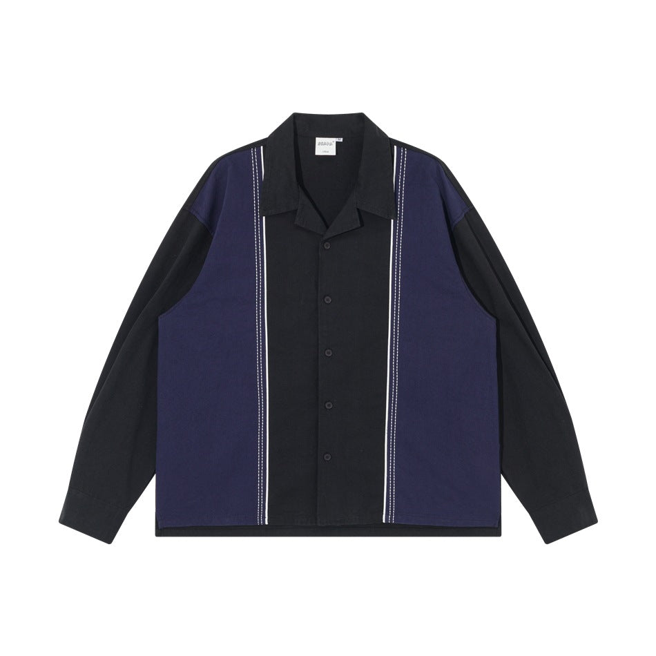 Black long-sleeve camp-collar shirt with navy side panels and white double-line stripes, flat front view