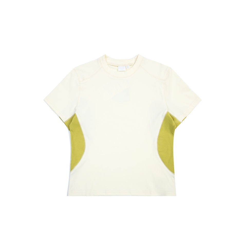 Front view of an ivory short-sleeve crew-neck T-shirt with olive yellow-green curved side panels and seam detailing.