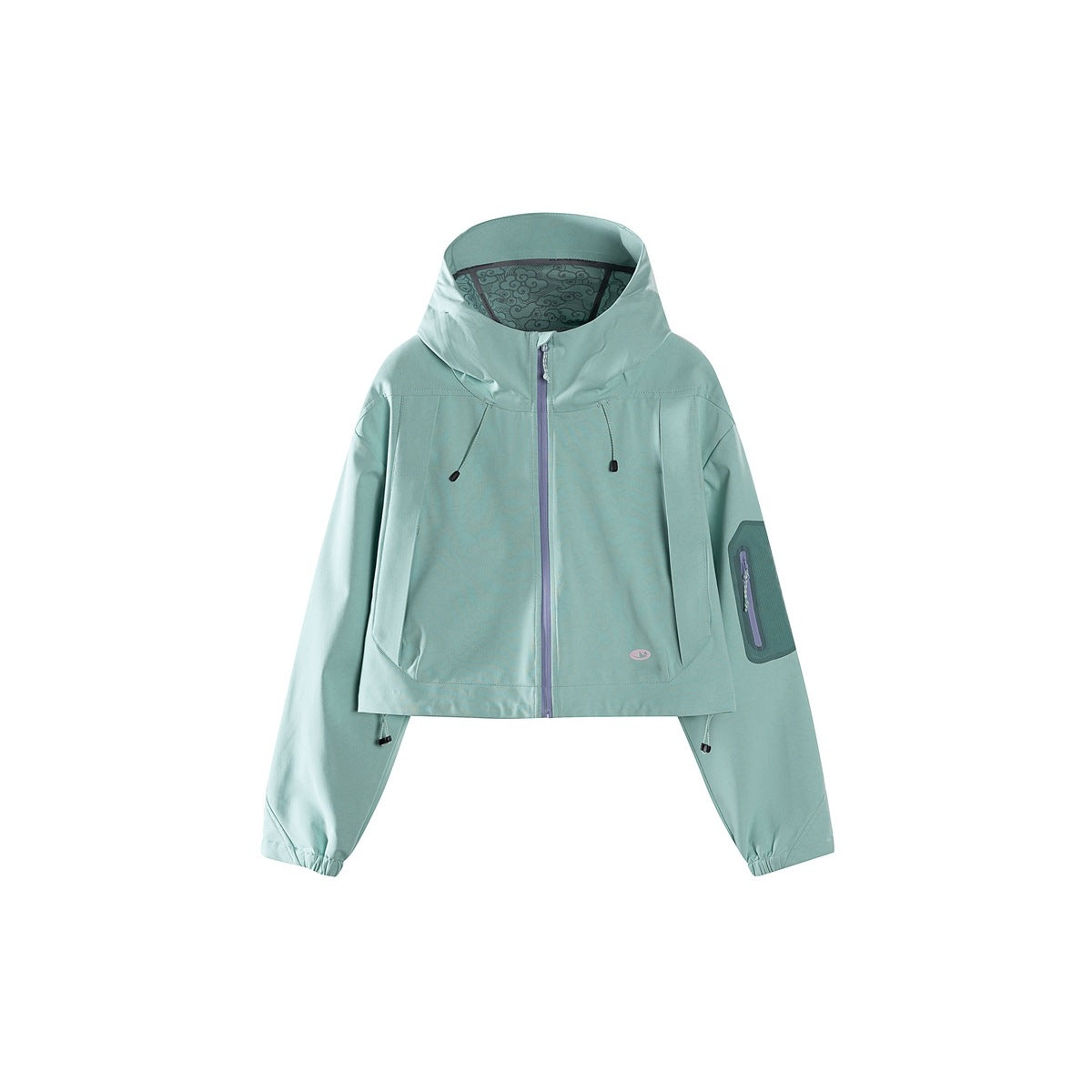 Light blue-green cropped hooded zip jacket, front view, with purple zipper and a dark green sleeve pocket