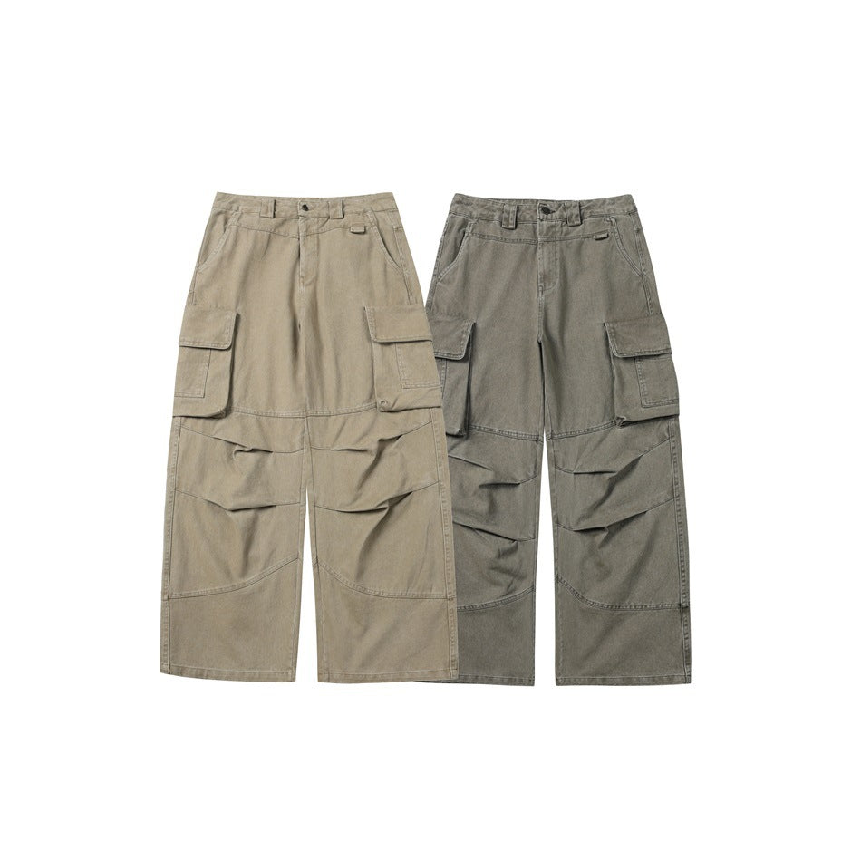 Two pairs of wide-leg cargo pants shown together in light khaki and gray-green, front view.