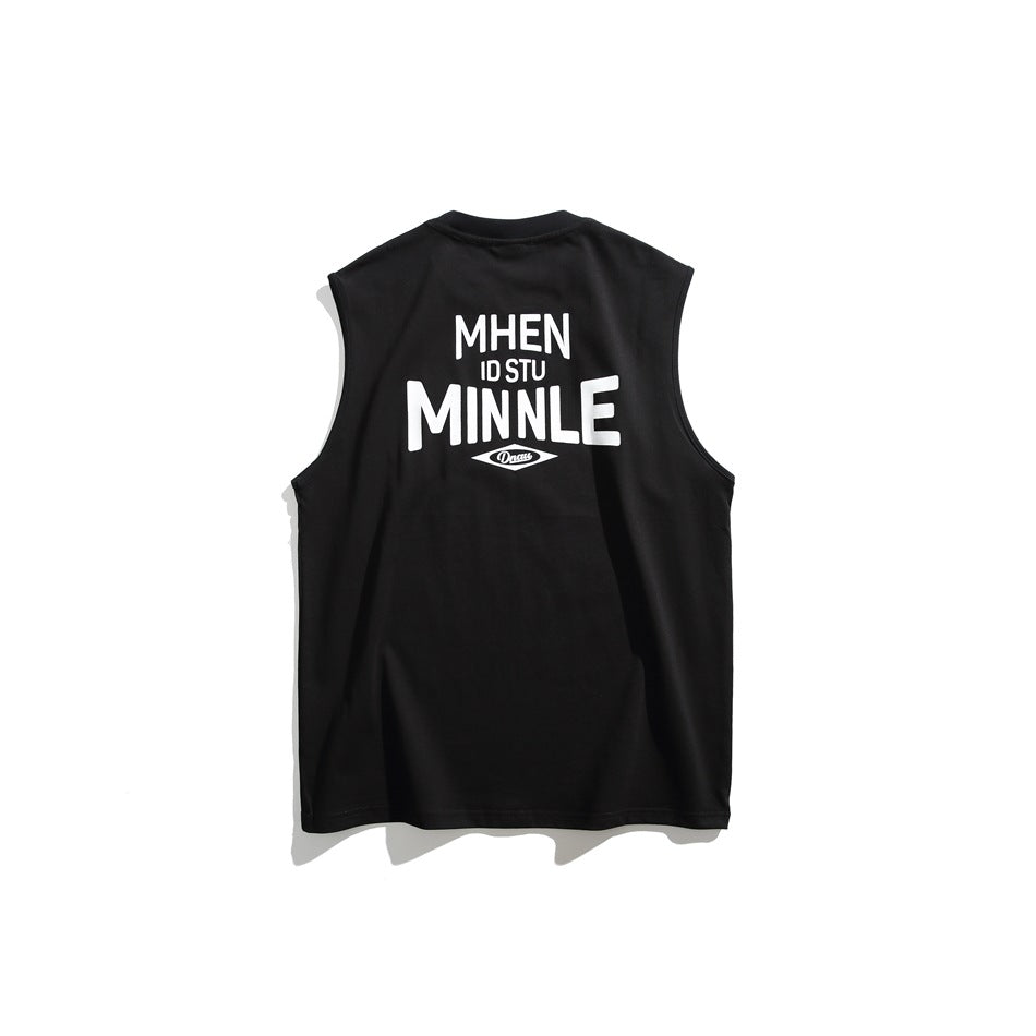 Black sleeveless crew-neck tank top, back view with white MHEN ID STU MINNLE print and diamond logo