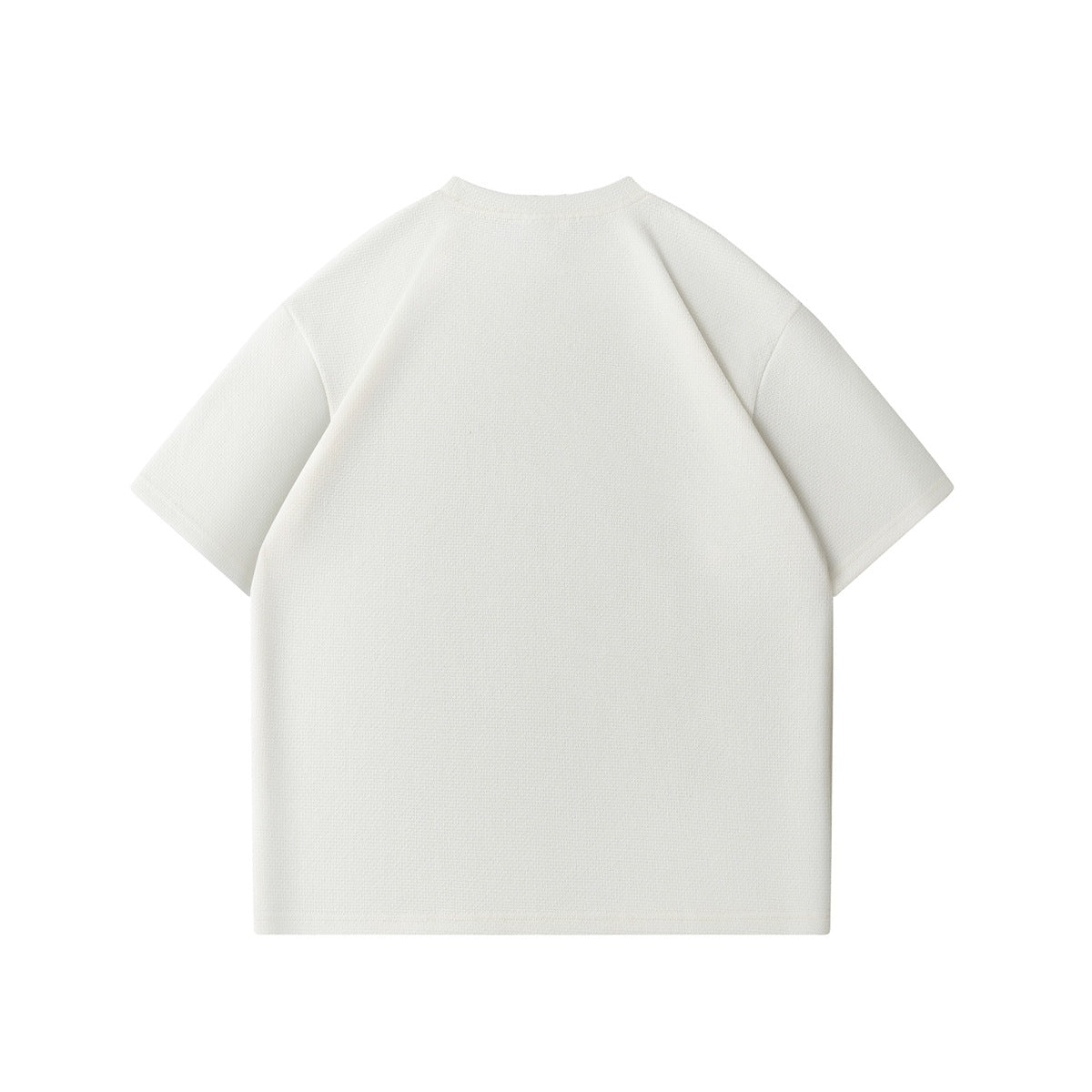 Front view of a plain ivory short-sleeve crew-neck shirt with raglan seams, laid flat on white.