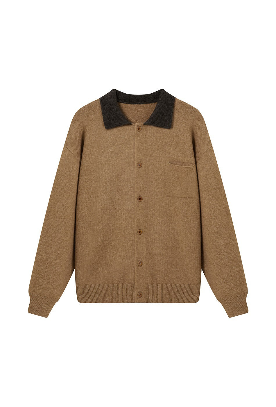 Camel knit button-front cardigan with dark brown contrast collar and chest pocket, flat front view