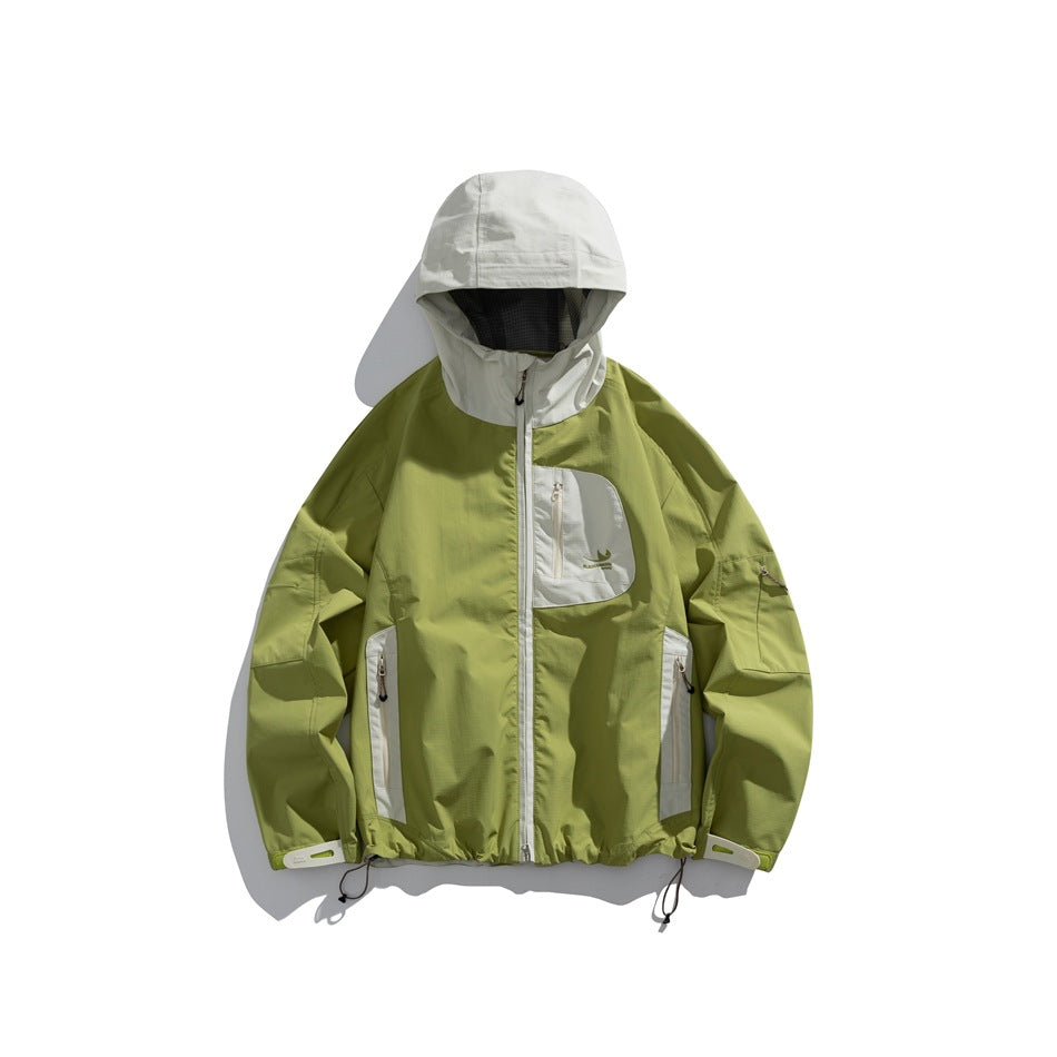 Green hooded zip jacket with light gray hood, chest panel and side pocket panels, front view on white background