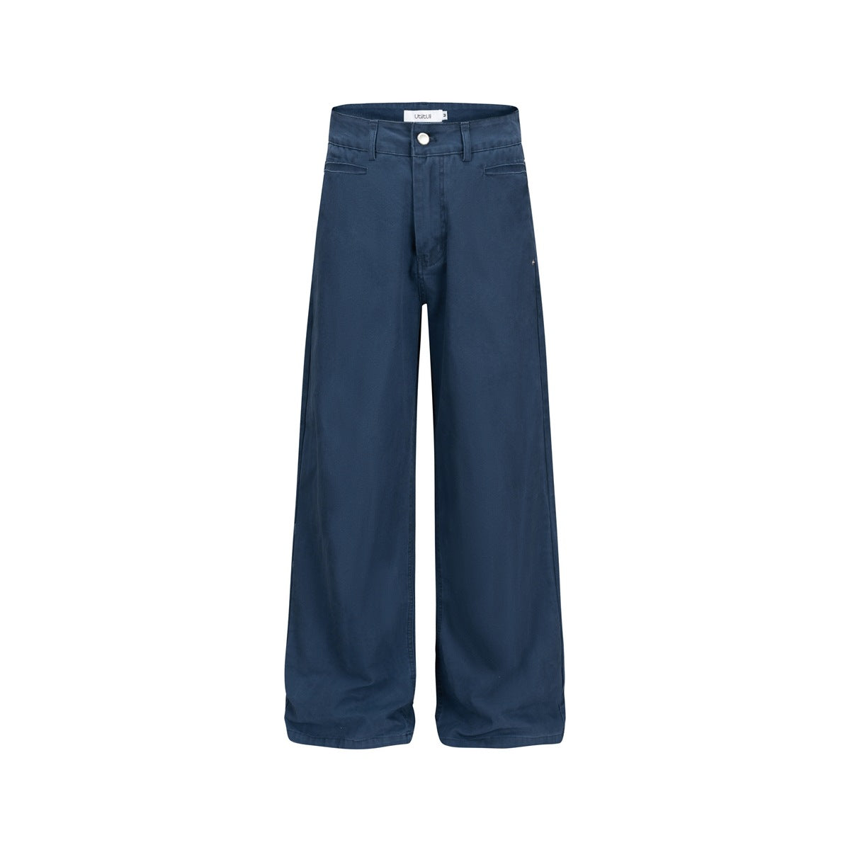 Front view of French work blue wide-leg pants with button fly, belt loops and slanted front pockets on white background