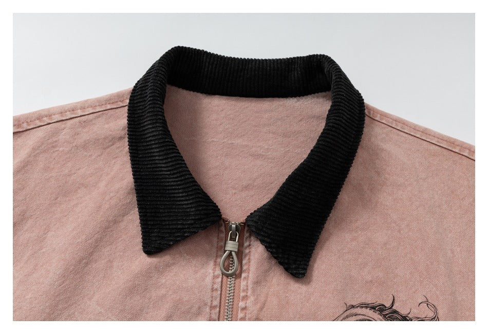 Close-up of the jacket's black ribbed collar and front zipper, with part of a horse graphic visible.