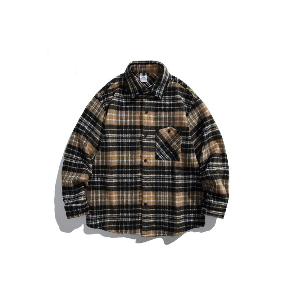 Tan, black and white plaid long-sleeve button-up shirt with chest pocket, flat lay front view