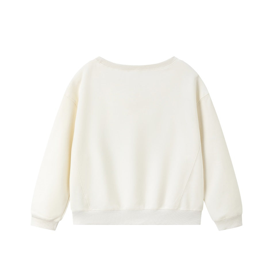 Plain cream crewneck sweatshirt shown from the back with ribbed neckline, cuffs, and hem.