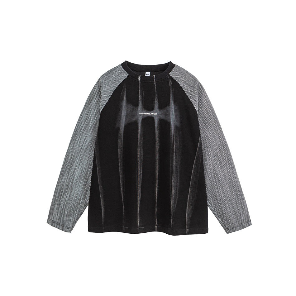 Black raglan crew-neck sweatshirt with gray streak print and gray striped sleeves, front flat view